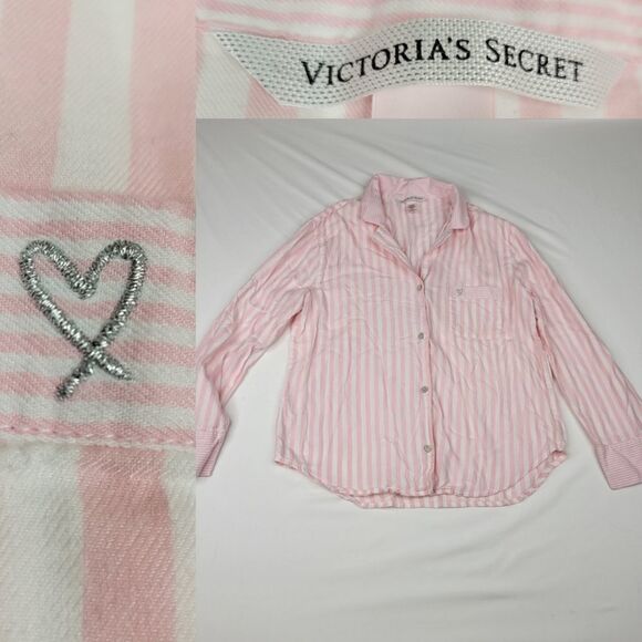 M VICTORIA'S SECRET pink striped lightweight flannel sleep lounge top MEDIUM - Picture 1 of 8
